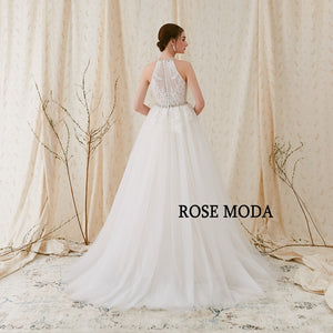 Rosemoda Boho Crystal Halter A Line Wedding Dress