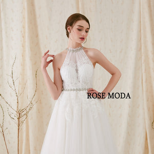 Rosemoda Boho Crystal Halter A Line Wedding Dress